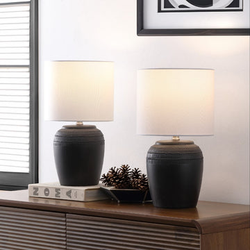 Hugo 16.75" Traditional Rustic Reeded Ceramic Vase LED Table Lamp, Set of 2